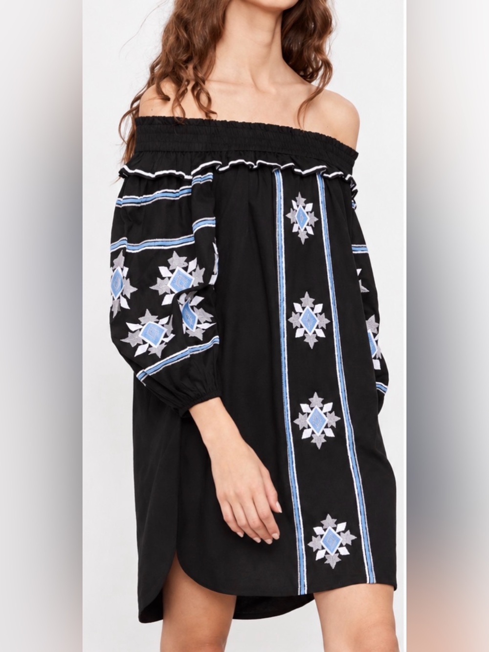 Misa Los Angeles Black One-Shoulder Dress with Blue & White Embroidery